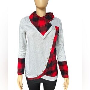 Unique Gray and Red Fold Cowl Neck Buffalo Check Plaid Pullover Top